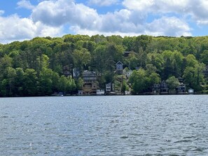 Una propiedad junto al lago con varias casas rodeadas de un bosque denso, visible desde el agua.
