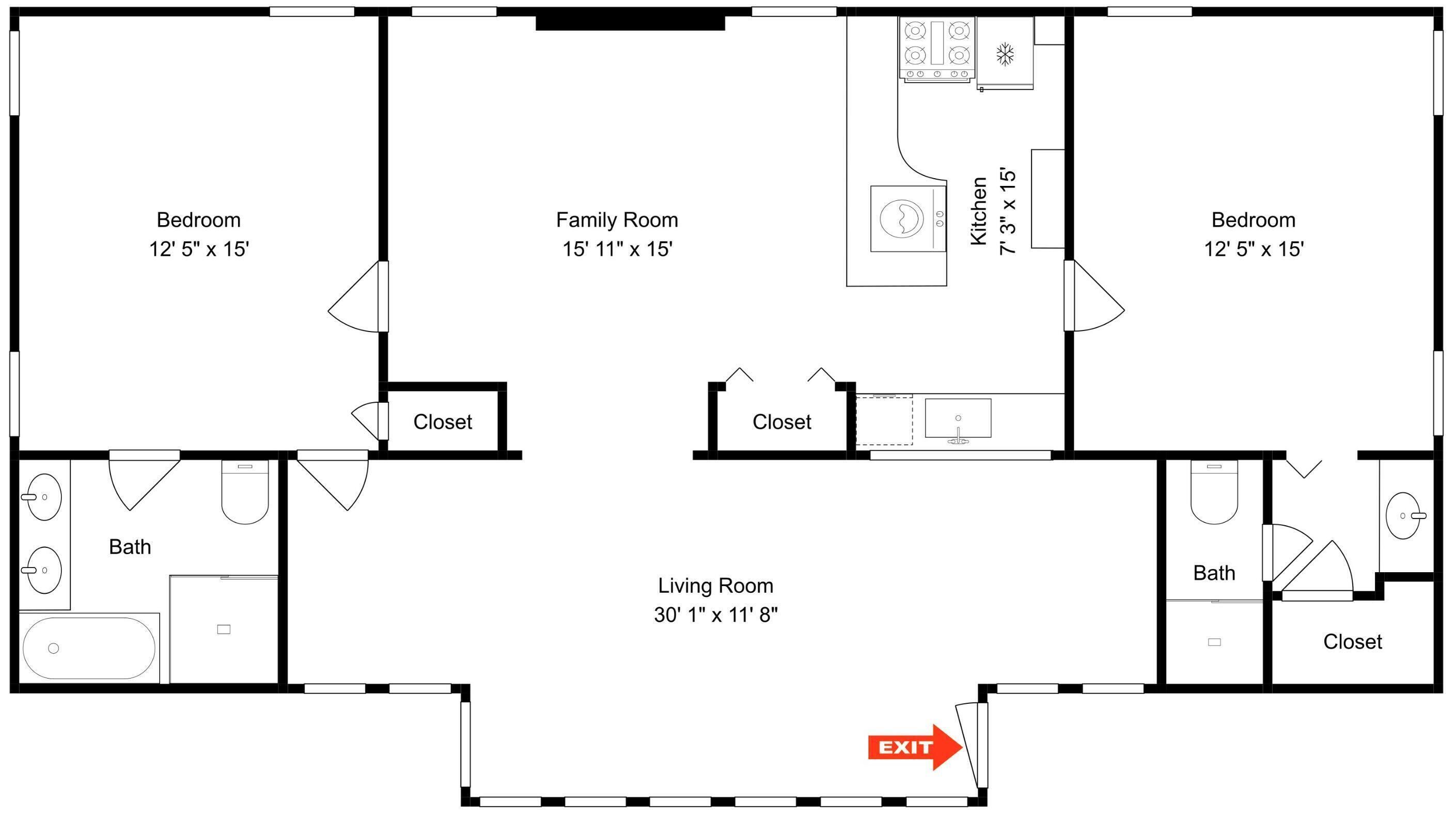A floor plan with two bedrooms, a family room, a kitchen, a living room, and a bathroom.