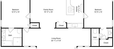 A floor plan with two bedrooms, a family room, a kitchen, a living room, and a bathroom.