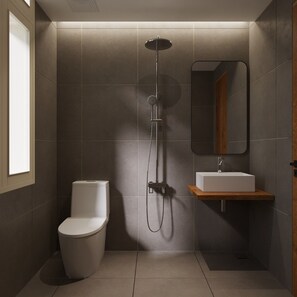 Chuveiro, chuveiro com efeito de chuva, produtos de toalete de grife