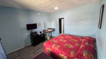 A hotel room with a bed, a desk, a television, a sink, and a shower.