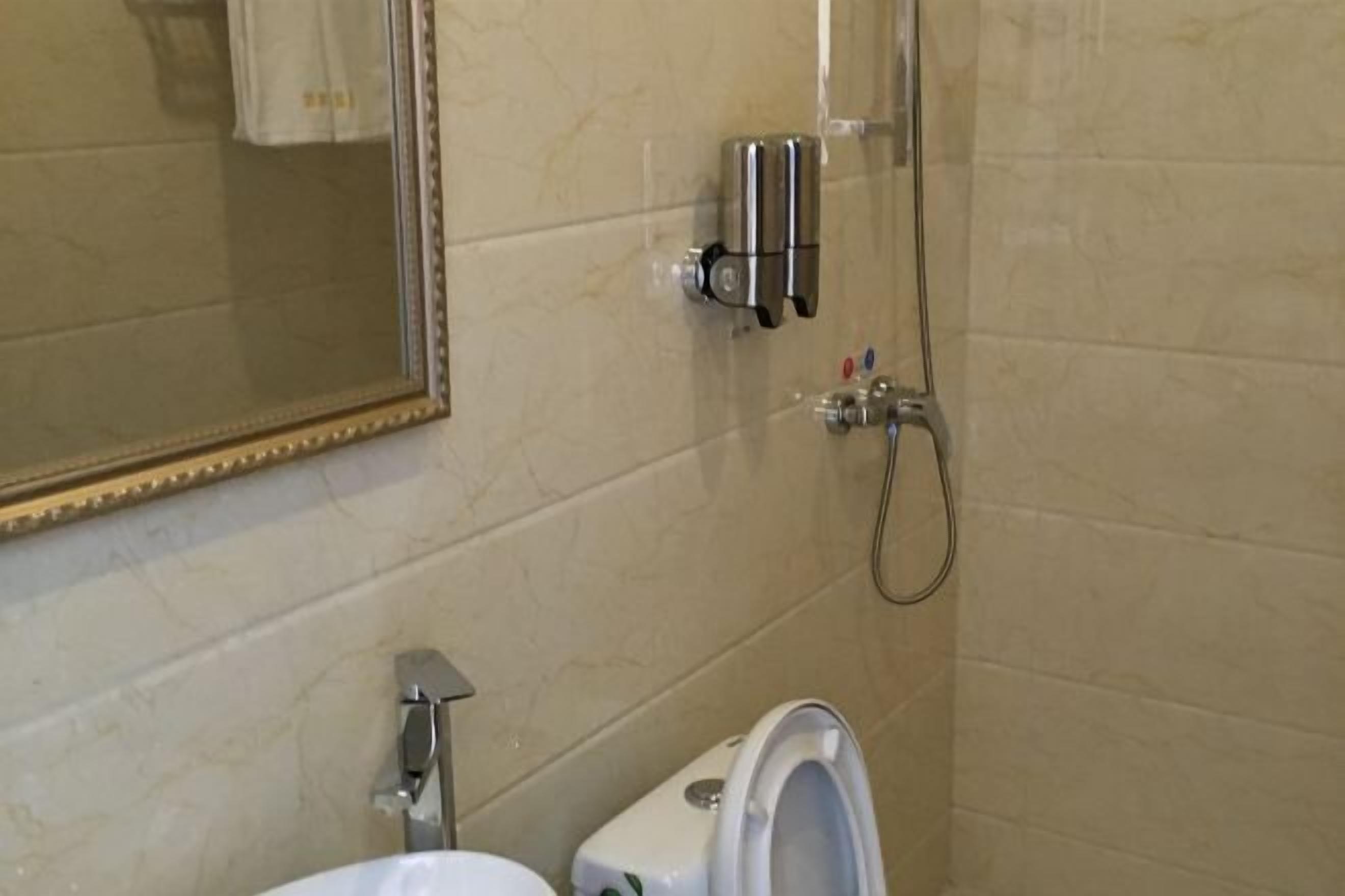 A bathroom with a toilet, a mirror, and a shower.