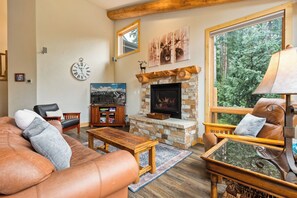 Smart TV, fireplace, books
