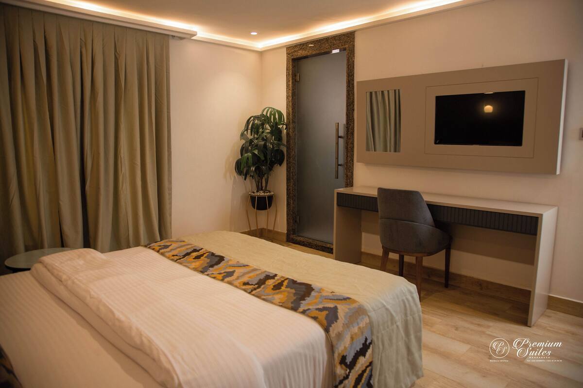 A hotel room with a bed, a desk, a chair, a potted plant, and a TV mounted on the wall.