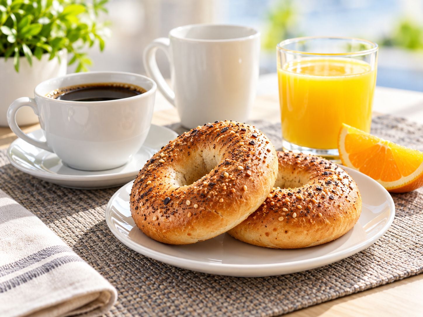 A breakfast setting with a plate of bagels, a cup of coffee, a glass of orange juice, and a slice of orange.