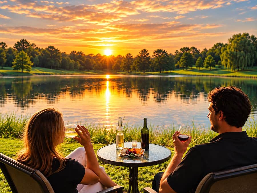 Two people sitting at a round table with a view of a lake and sunset.