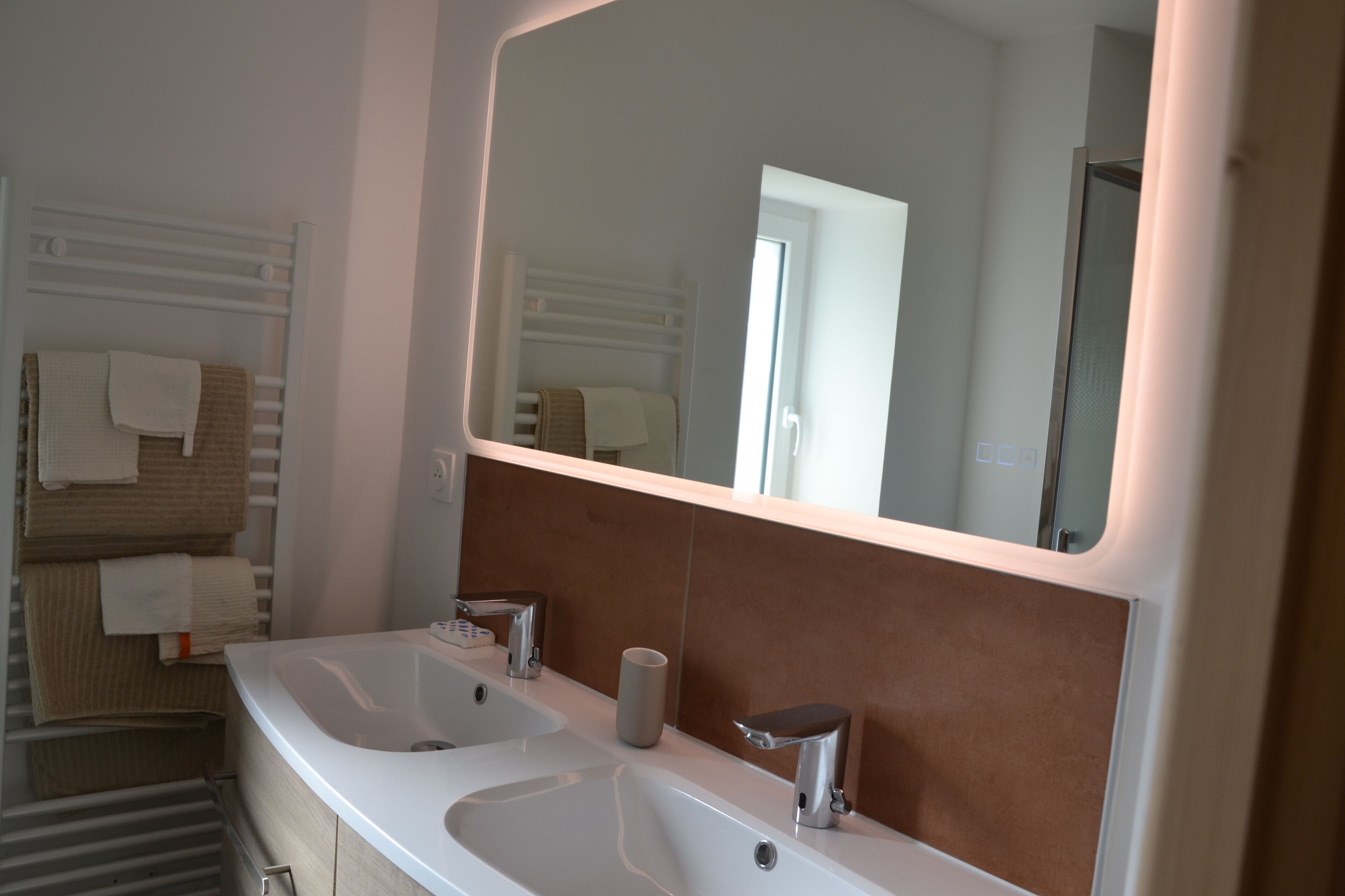 Une salle de bain moderne avec deux lavabos, un grand miroir et un porte-serviettes.
