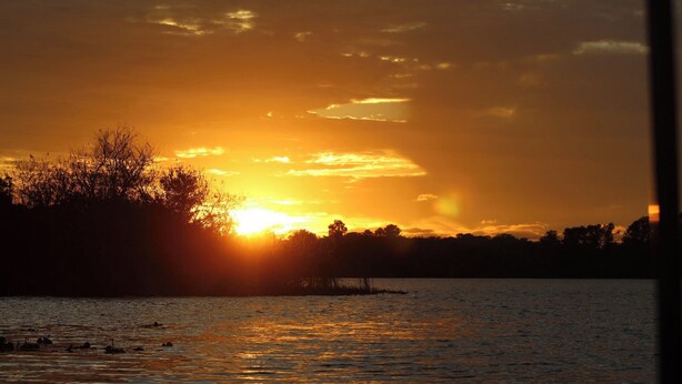 A sunset over a body of water with silhouettes of trees and a small island. - Jiggs Landing, Cabin 4 - Old World Waterside Double (Manatee County)