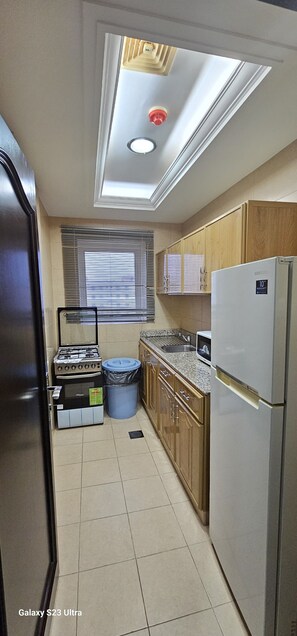 Frigorífico grande, microondas, horno y placa de cocina