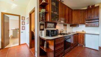 Apartment, Patio, Lake View | Private kitchen | Fridge, microwave, oven, stovetop