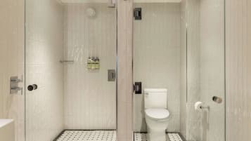 Ein modernes Badezimmer mit einer Duschkabine, einer Toilette und einem Waschbecken.