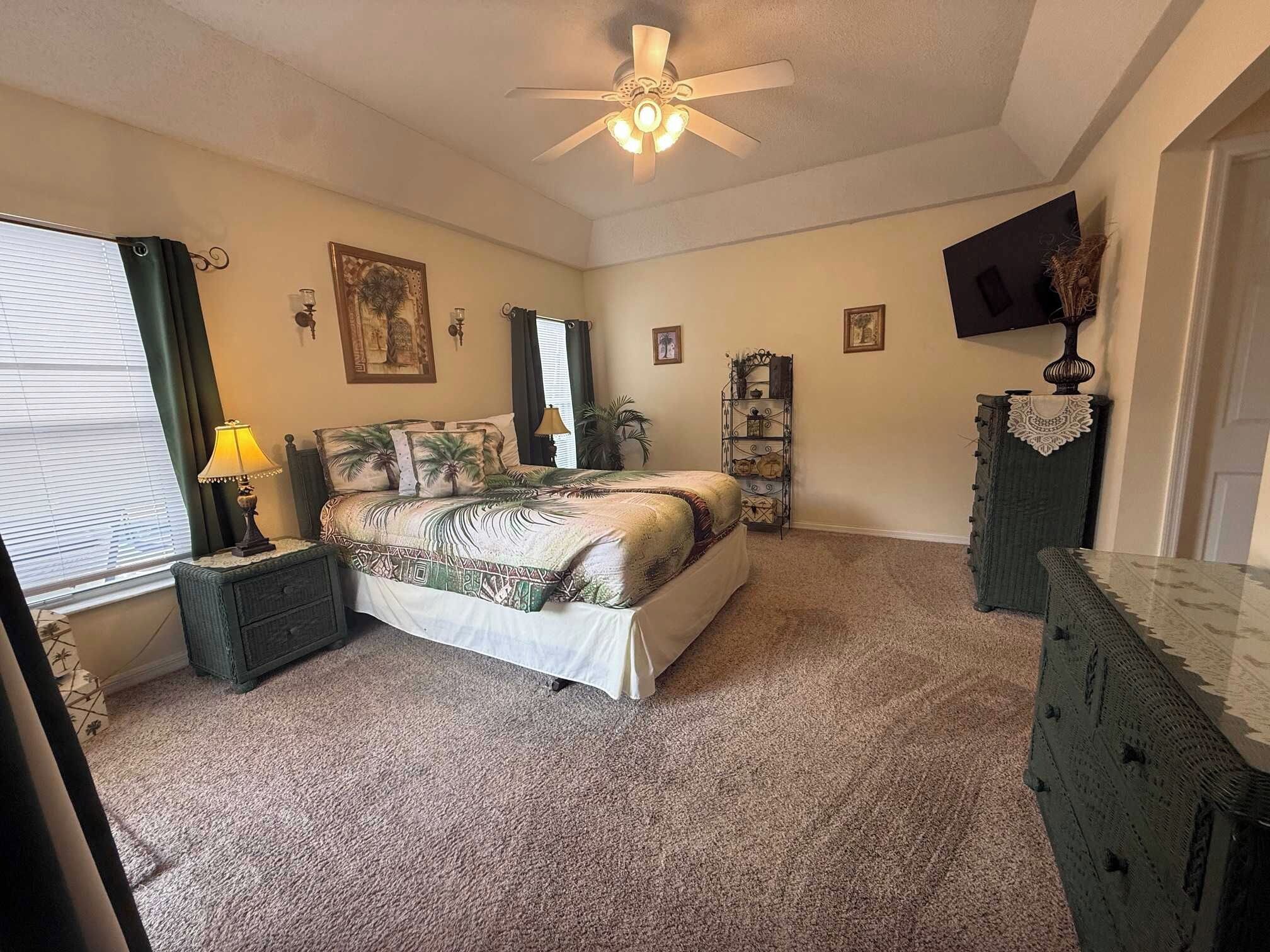 A bedroom with a bed, a nightstand, a lamp, a ceiling fan, a TV, and a dresser.