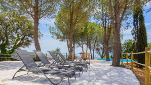 A beachside area with sun loungers and a pool.