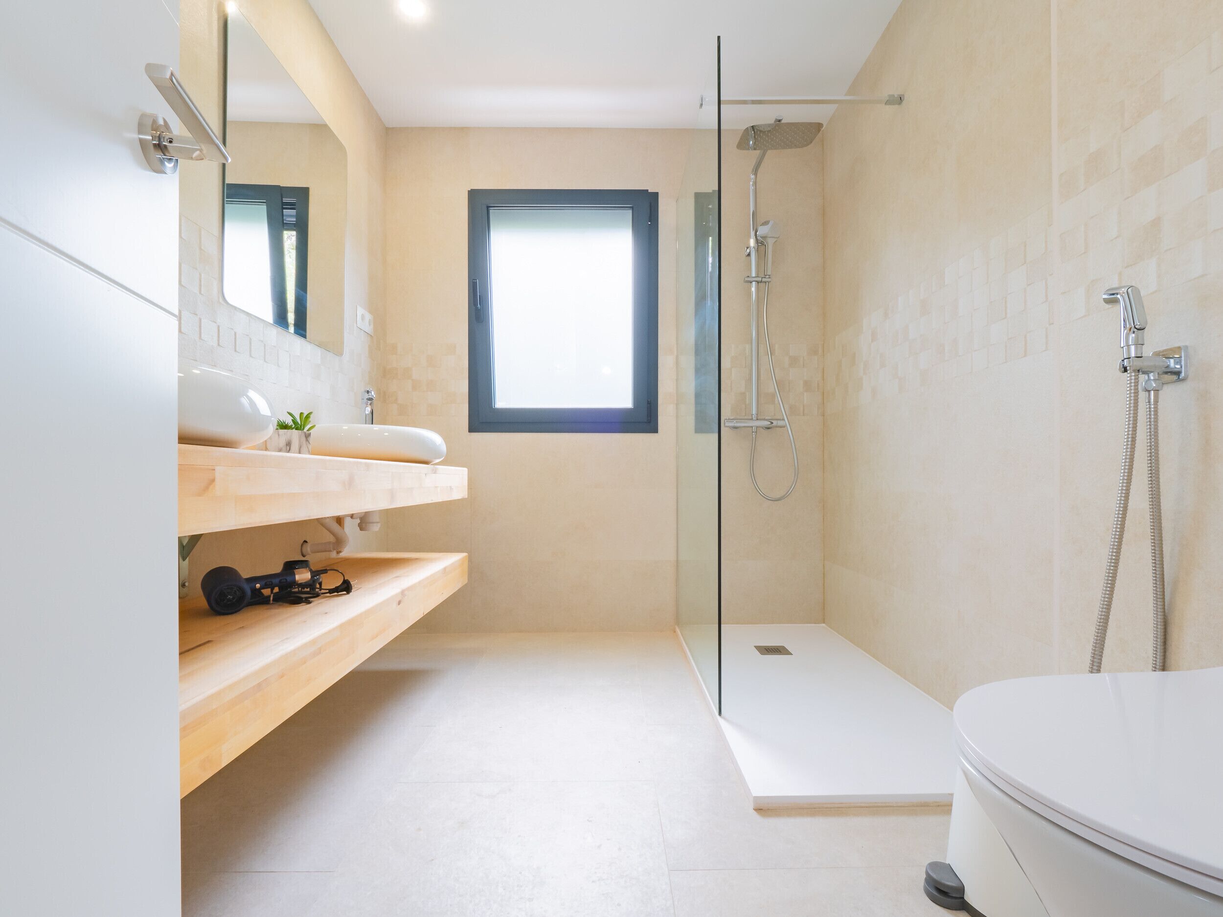 Shower, hair dryer, towels