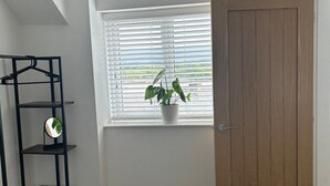 A bedroom with a skylight, a wooden door, a window with blinds, a plant, and a black metal shelf with a mirror. - Bay View House (Bangor)