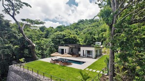 A modern house with a swimming pool, surrounded by lush greenery. - Villa Alba (Cóbano)