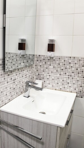 Shower, hair dryer, bidet, towels