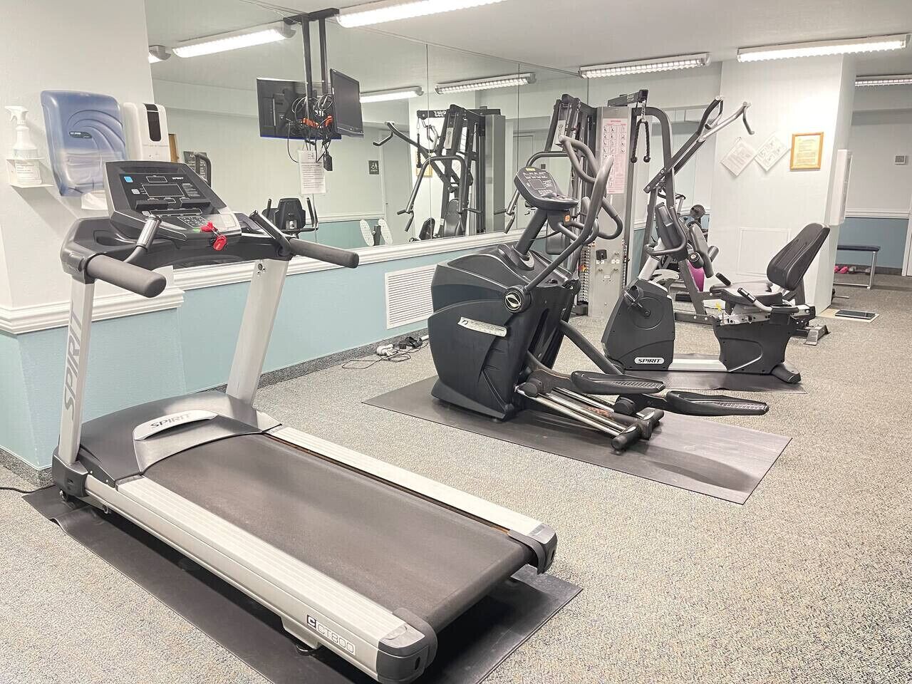 A gym with treadmills, elliptical machines, and free weights.