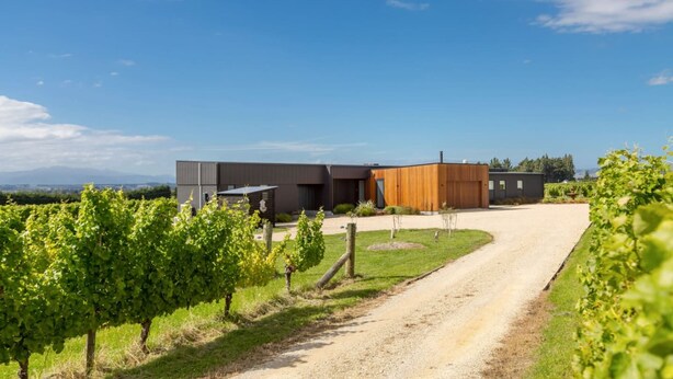 A modern building with a gravel driveway leading to a vineyard. - 89 In The Vines, Martinborough (Martinborough)
