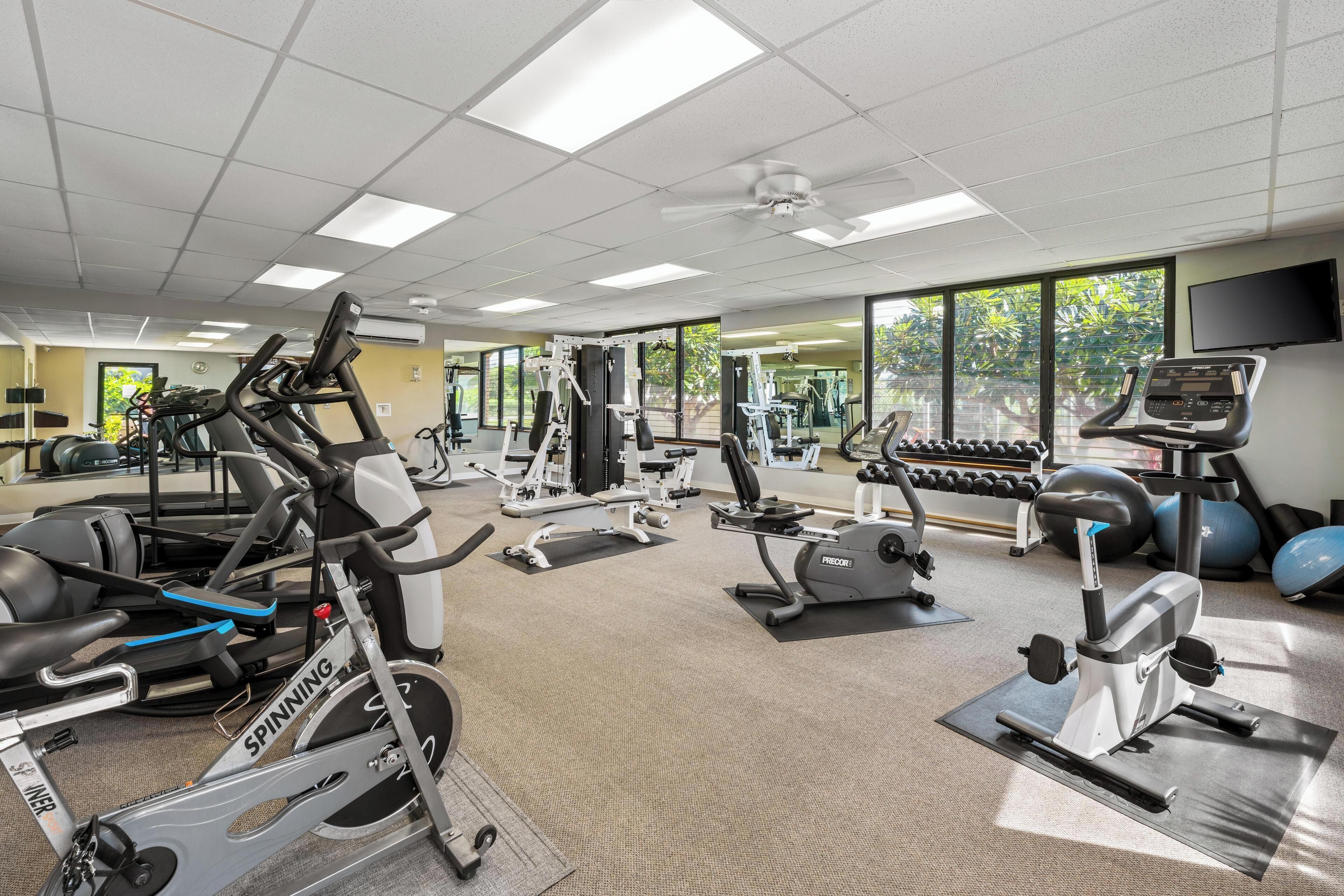 A gym with various exercise equipment, large windows, and a ceiling fan.