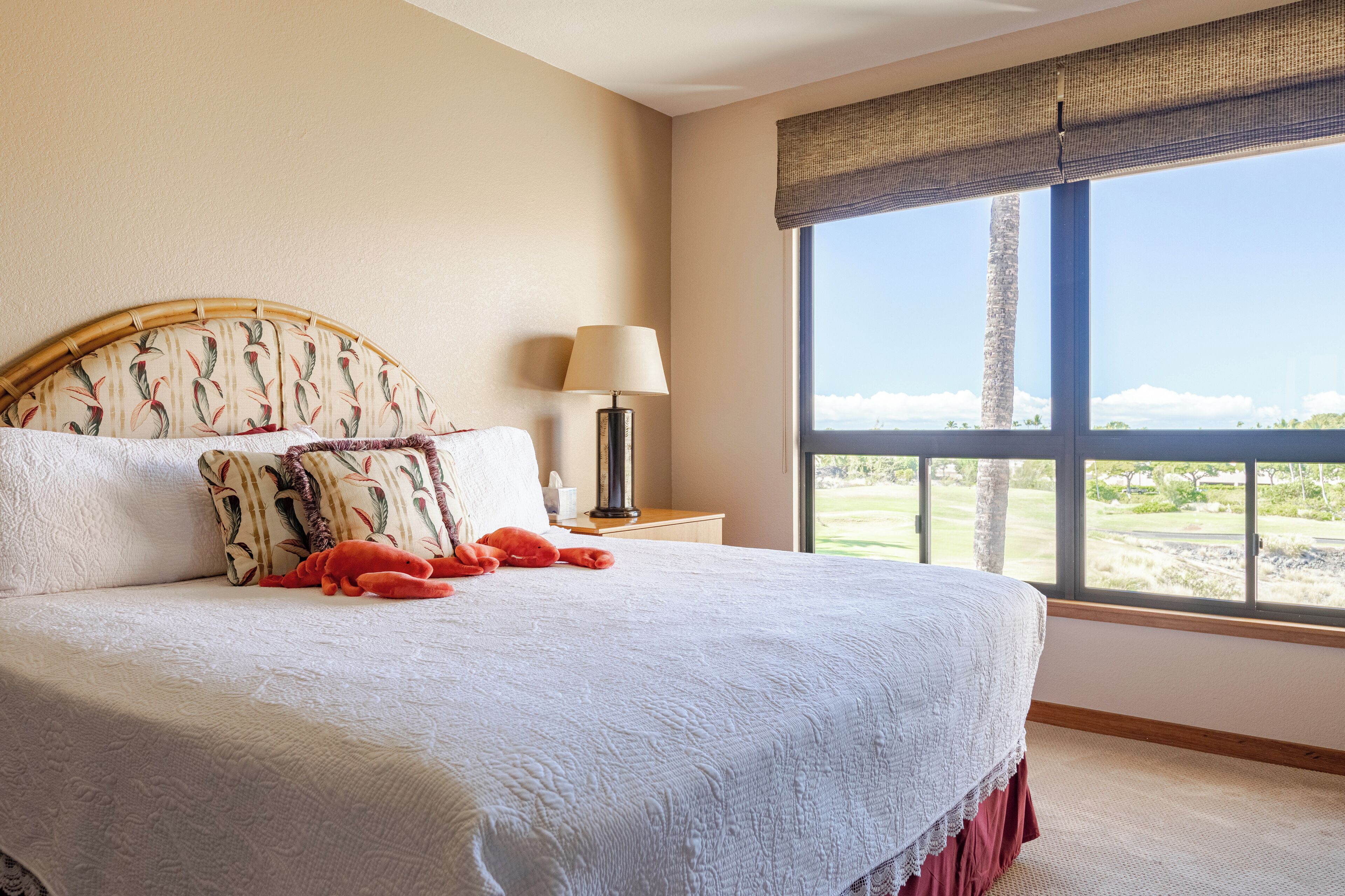 A neatly made bed with a white comforter and decorative pillows, a bedside lamp, and a view of a grassy landscape through a large window.