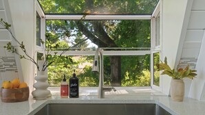 A kitchen with a window, a stainless steel sink, a wooden bowl with fruits, a white vase, and a potted plant. - The Gnome Gully - A-Frame w/ Sound Views (Olympia)