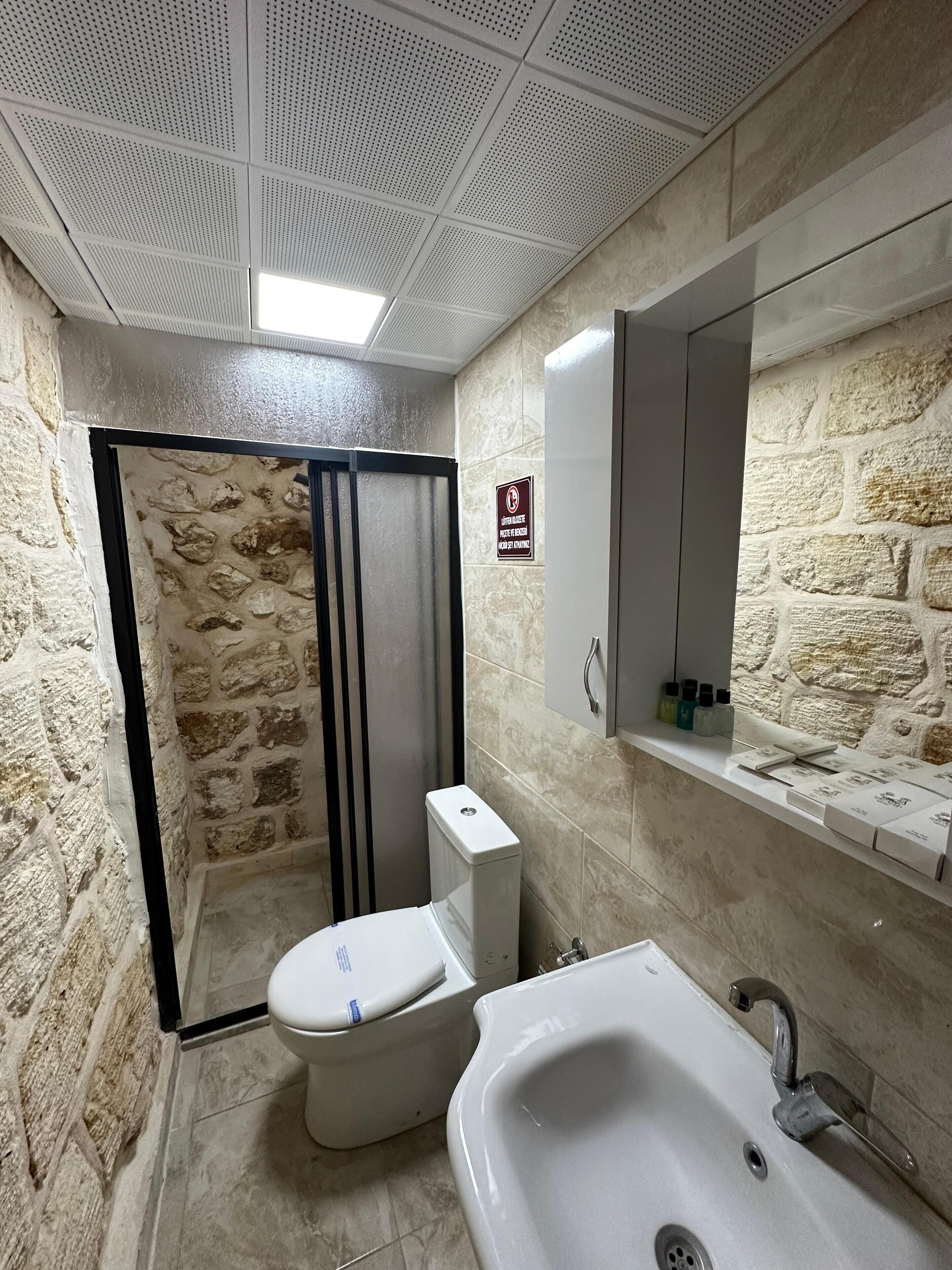 A bathroom with a stone wall, a toilet, a sink, and a shower area.