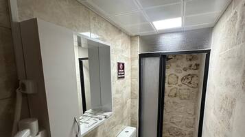 Baño con lavamanos, inodoro y ducha.