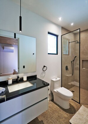 A modern bathroom with a glass shower enclosure, a white toilet, a black countertop sink, and a large mirror. - Casas Alba (Cóbano)