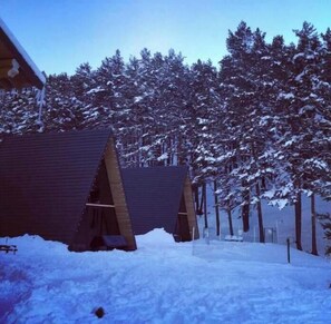Cabins nestled among snow-covered trees in a serene winter landscape.