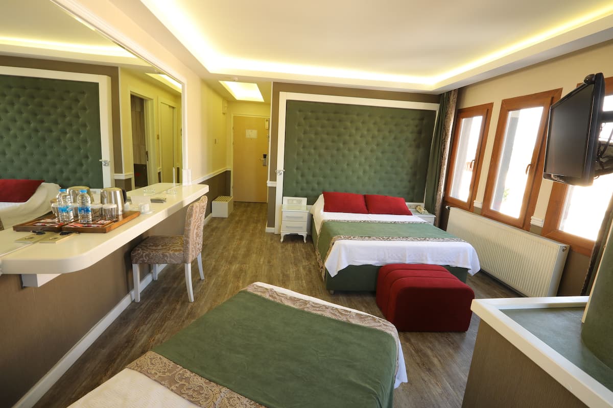Une chambre d’hôtel avec deux lits, un bureau, une chaise, une télévision et un miroir.