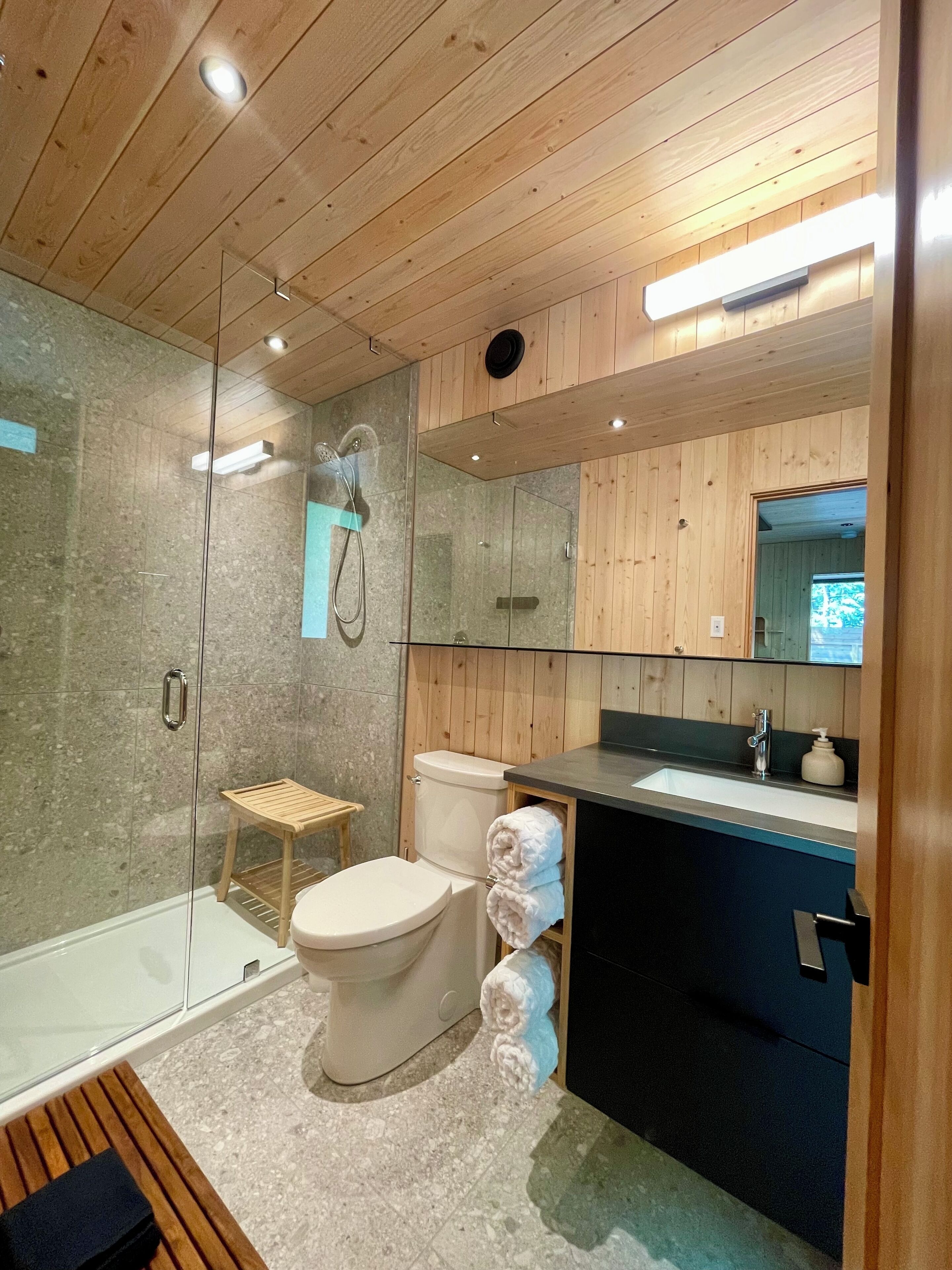 Dusche, Haartrockner, Handtücher, Seife