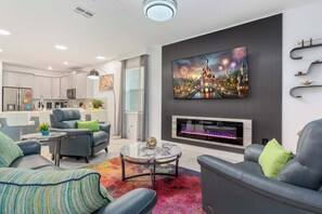 TV, fireplace, video games, DVD player