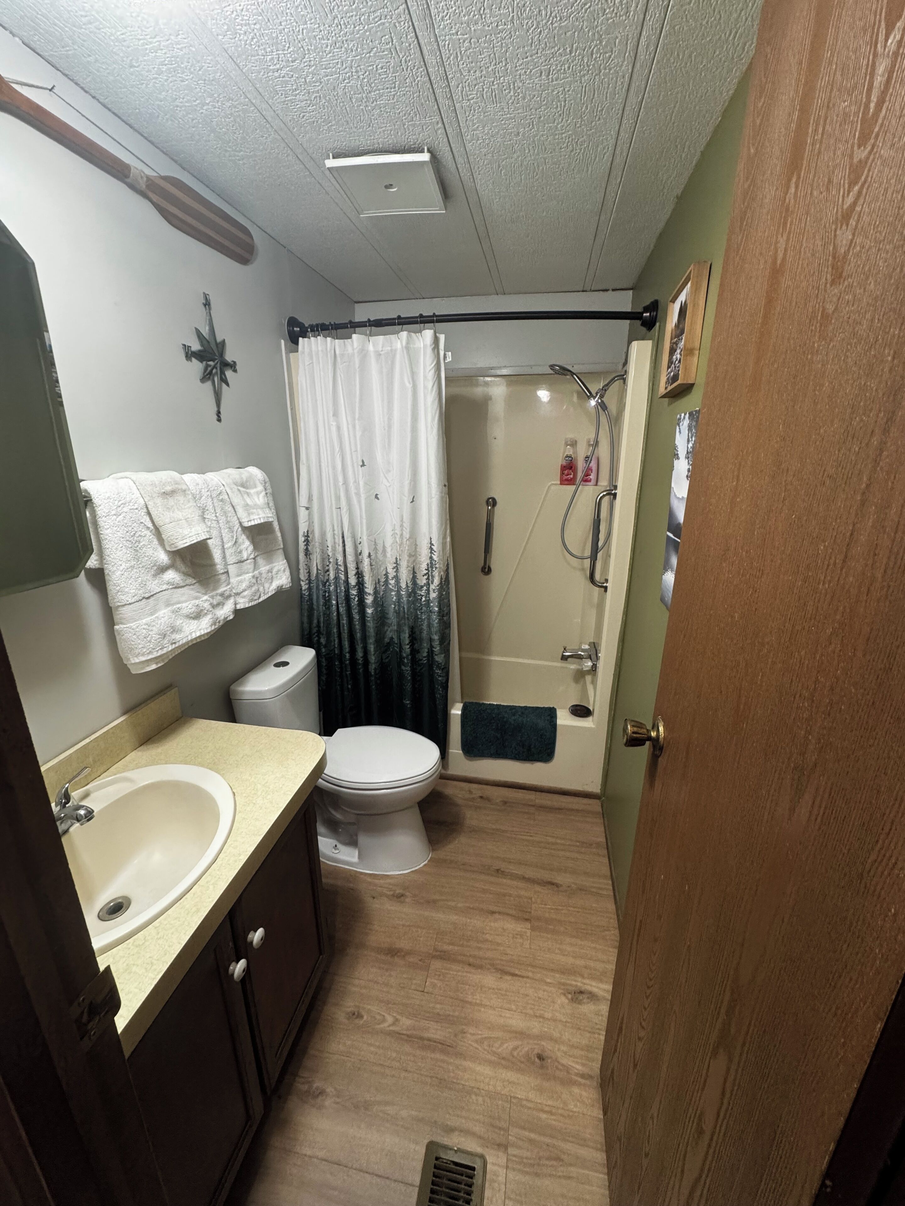 A compact bathroom with a toilet, sink, shower, and a wooden door.
