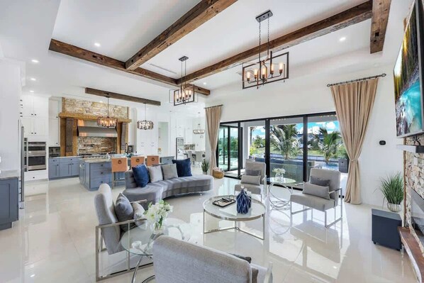 TV, fireplace, books, stereo