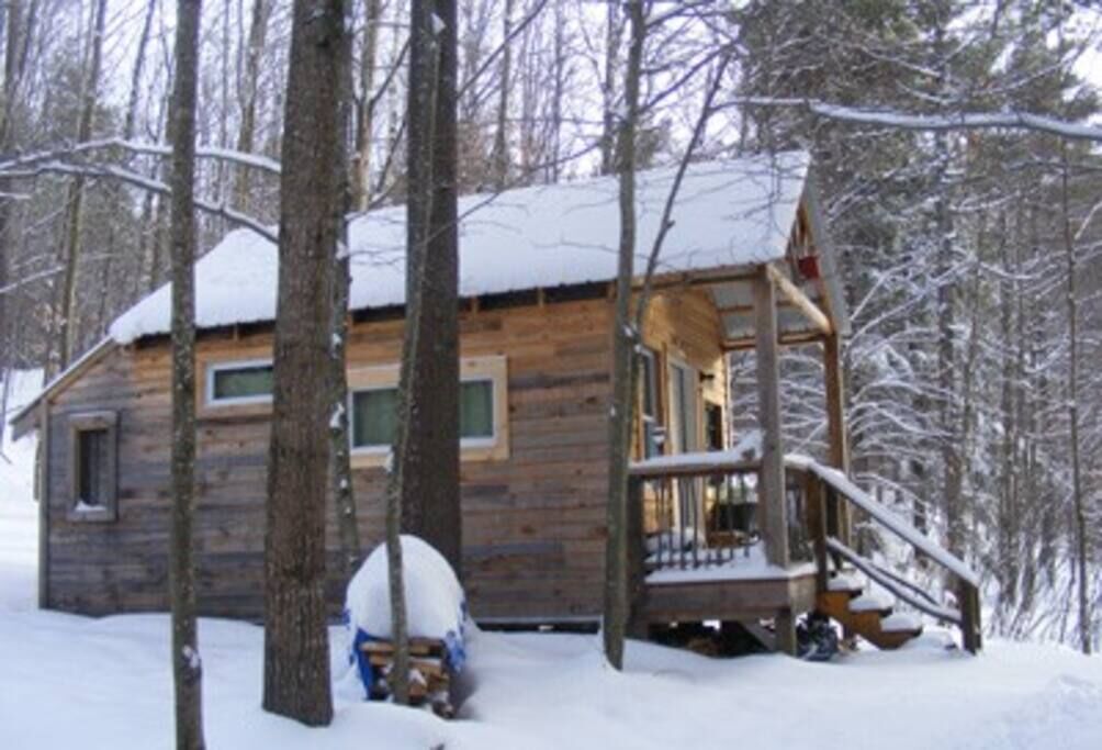 Une cabane en bois dotée d’un porche, entourée d’arbres et recouverte de neige.