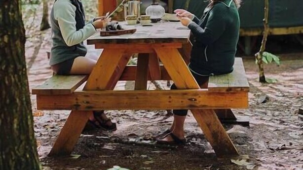 A wooden picnic table in a forest with a tent in the background. - "Mt. Brook Yurt" Off Grid Mountain Yurt (Denmark)
