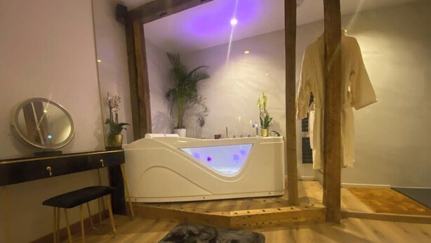 A modern room with a massage chair, a small bench, a mirror, and a potted plant. - 19A - The Seventh Heaven, cocoon lover (Tulle)