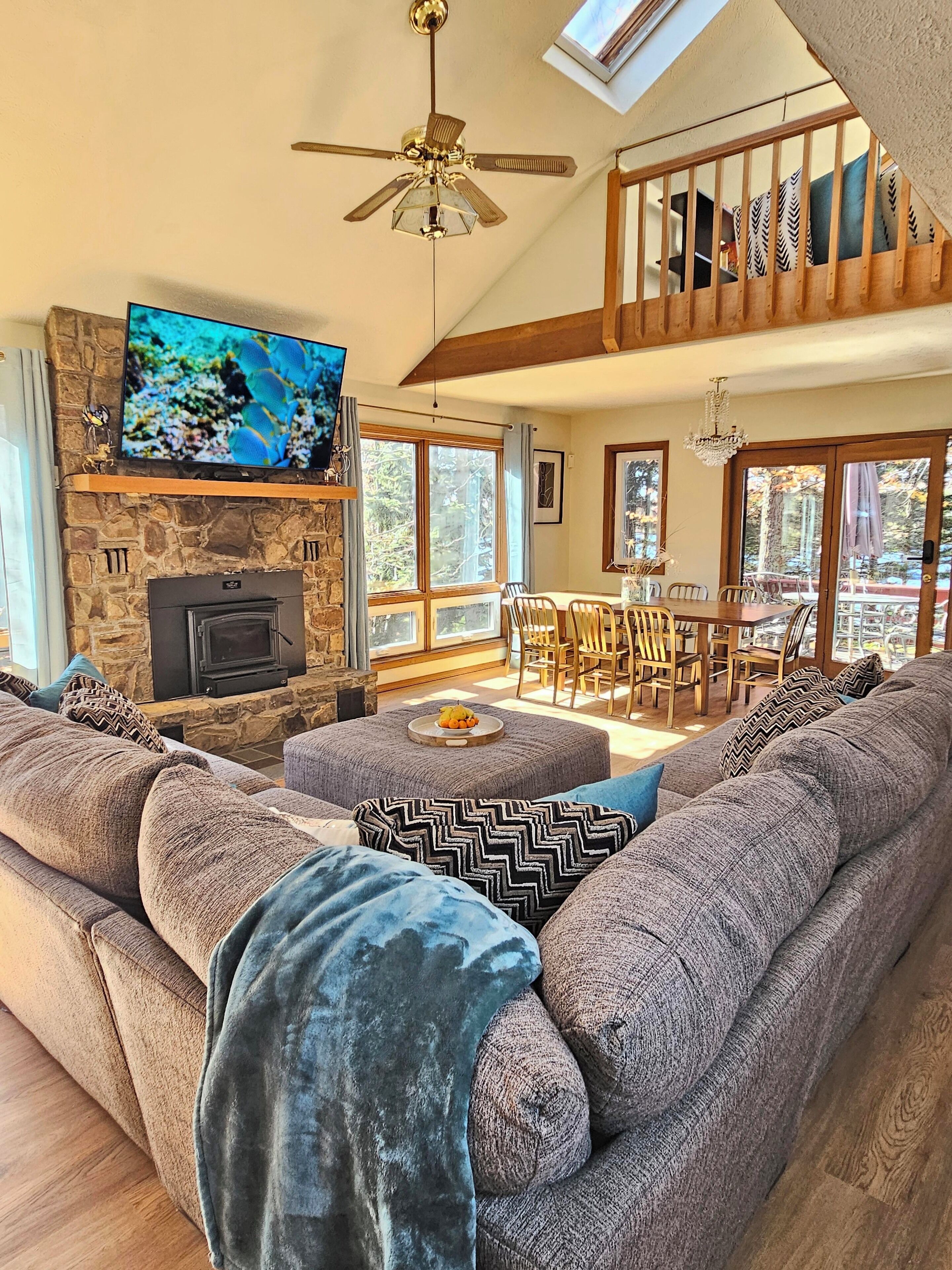 Smart TV, fireplace, table tennis, books