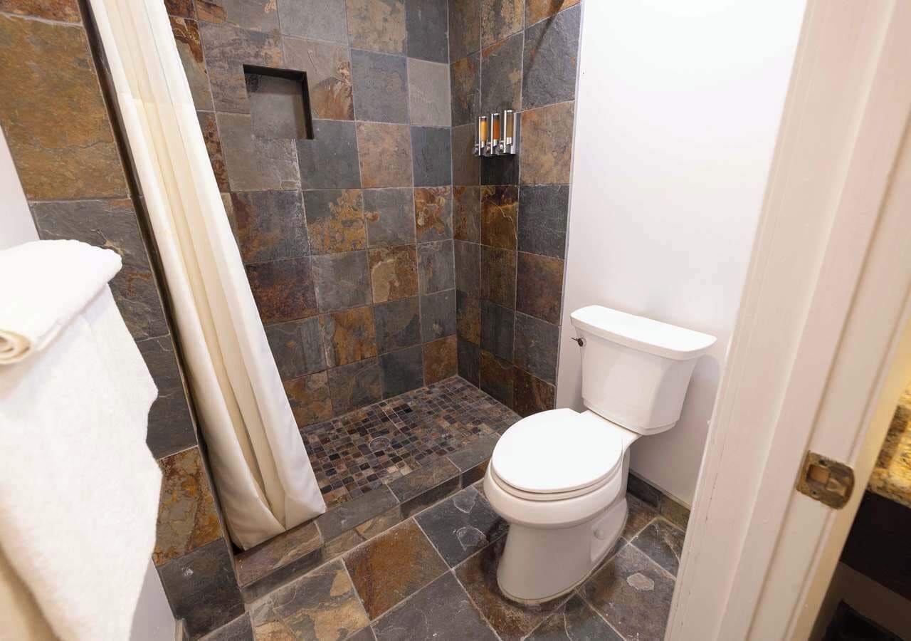 A bathroom with a shower, a toilet, and a tiled floor.