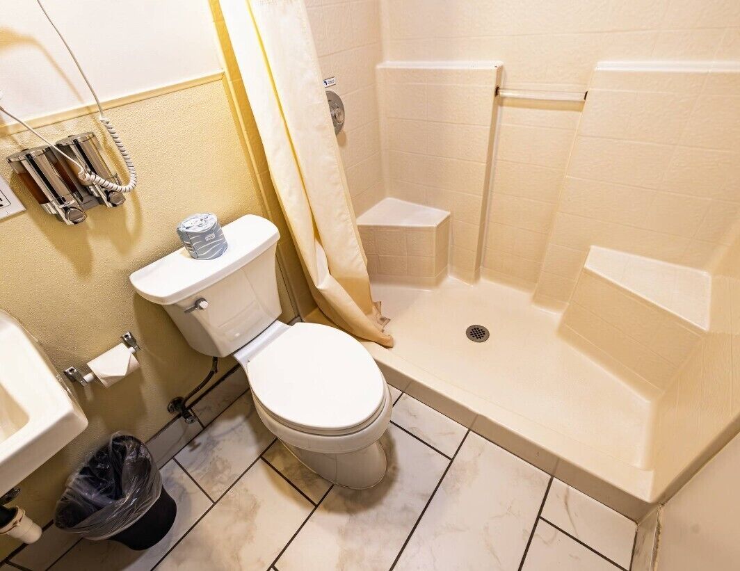 Ein Badezimmer mit Toilette, Dusche und Waschbecken.