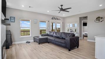 Smart TV, fireplace, books