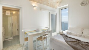 A hotel room with a bed, a desk, a chair, a shower, and a balcony with a view.