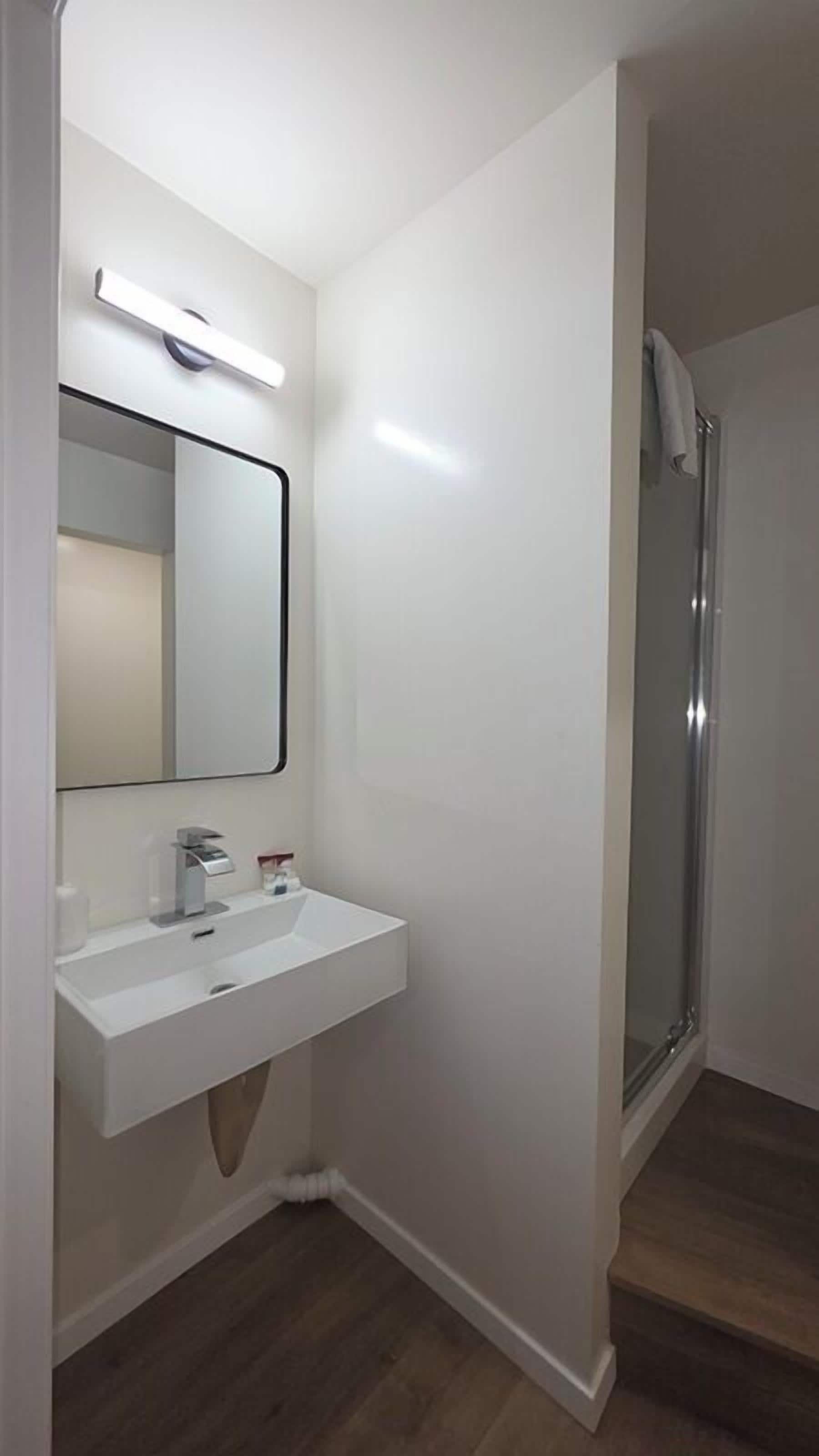 A bathroom with a white sink, mirror, and shower.