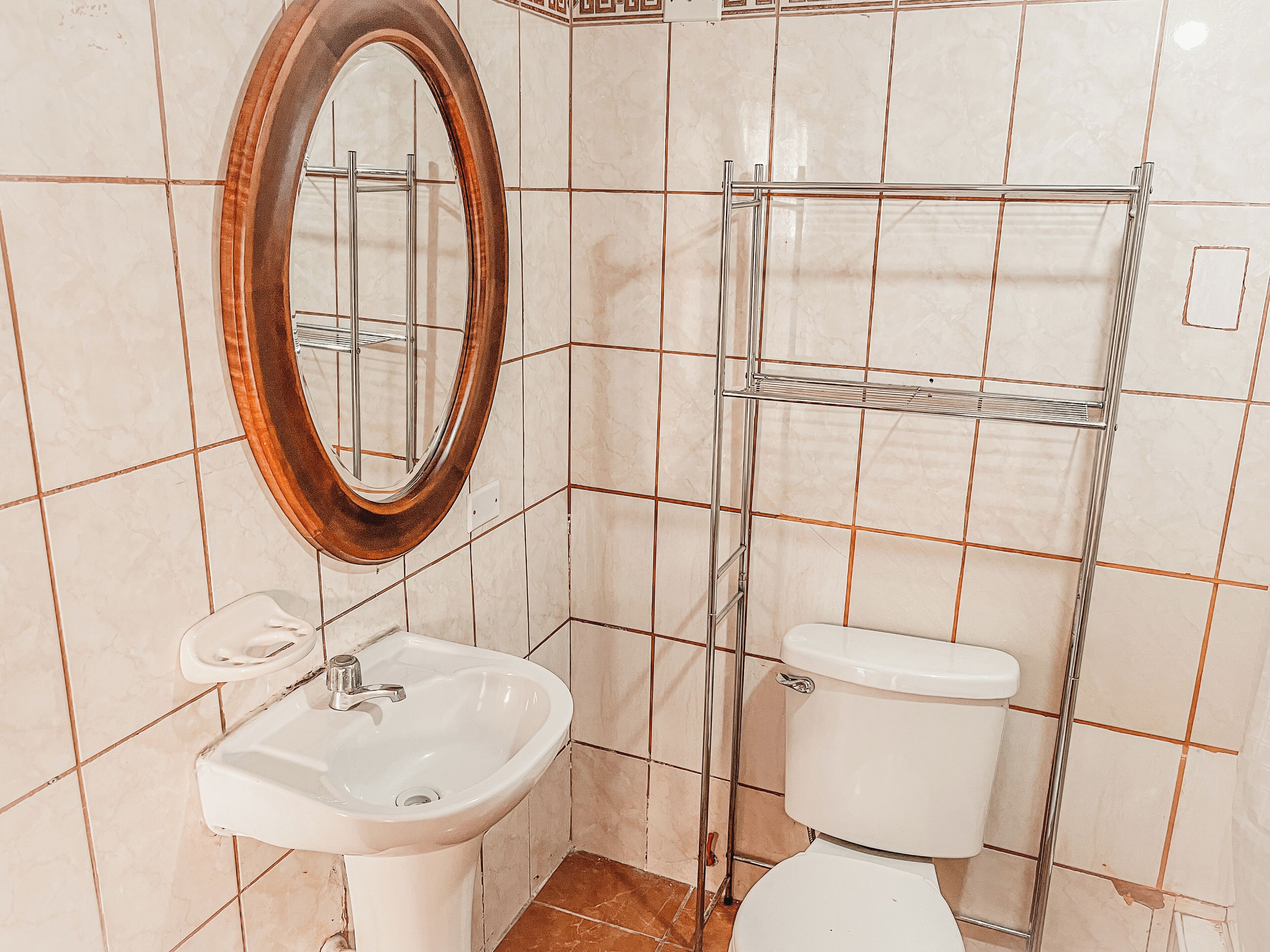A bathroom with a white sink, a toilet, and a shower area with a metal shelf.