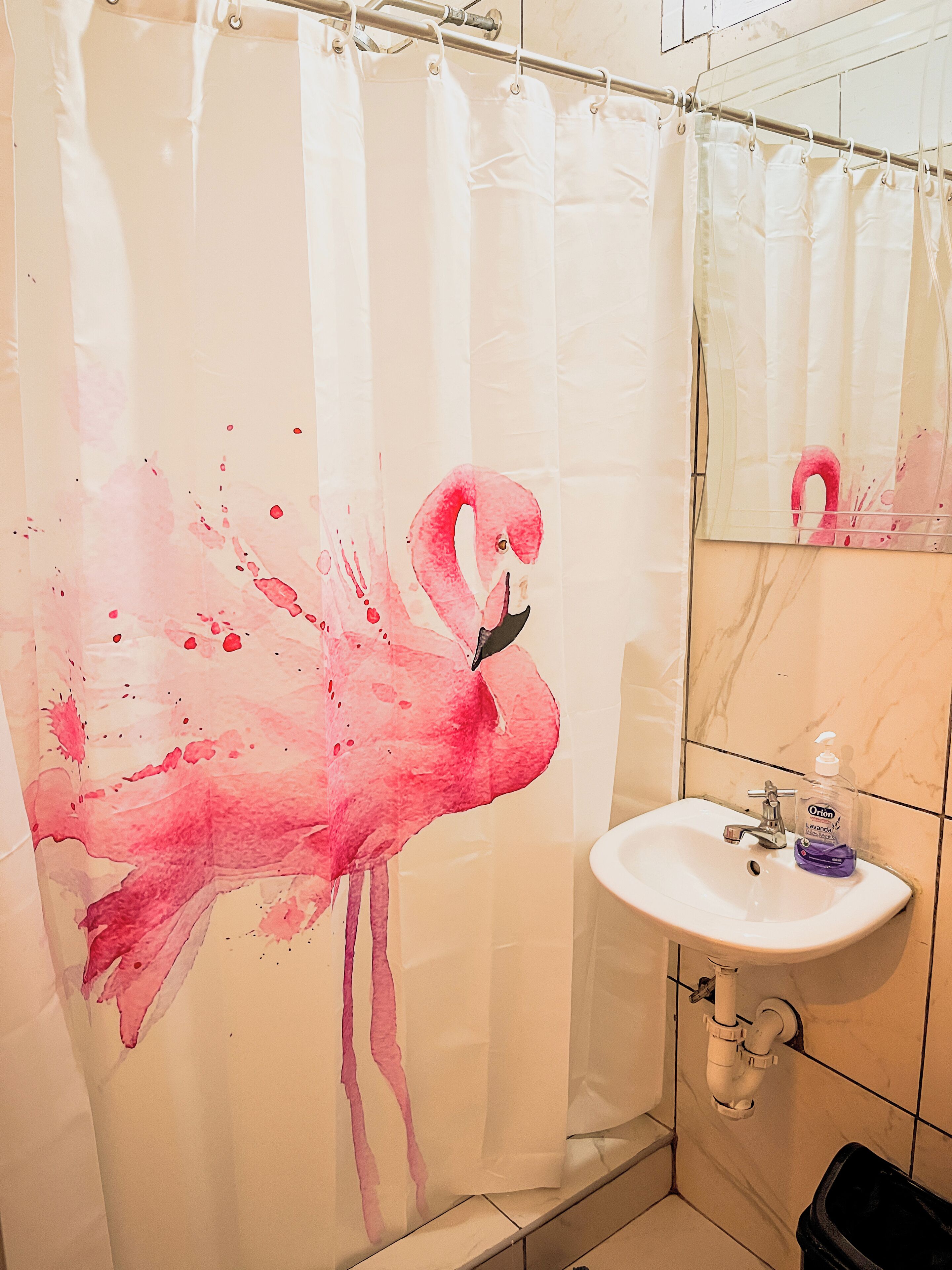 A bathroom with a white sink, a mirror, and a shower curtain featuring a pink flamingo design.