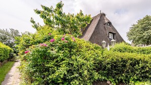 Una casa única amb un teulat cònics envoltada de vegetació exuberant i plantes en flor.