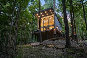 A modern cabin with large windows, situated in a forest.