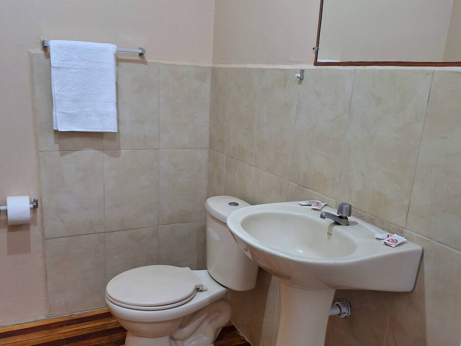Un bagno piccolo con il water, un lavandino e un pavimento in legno.