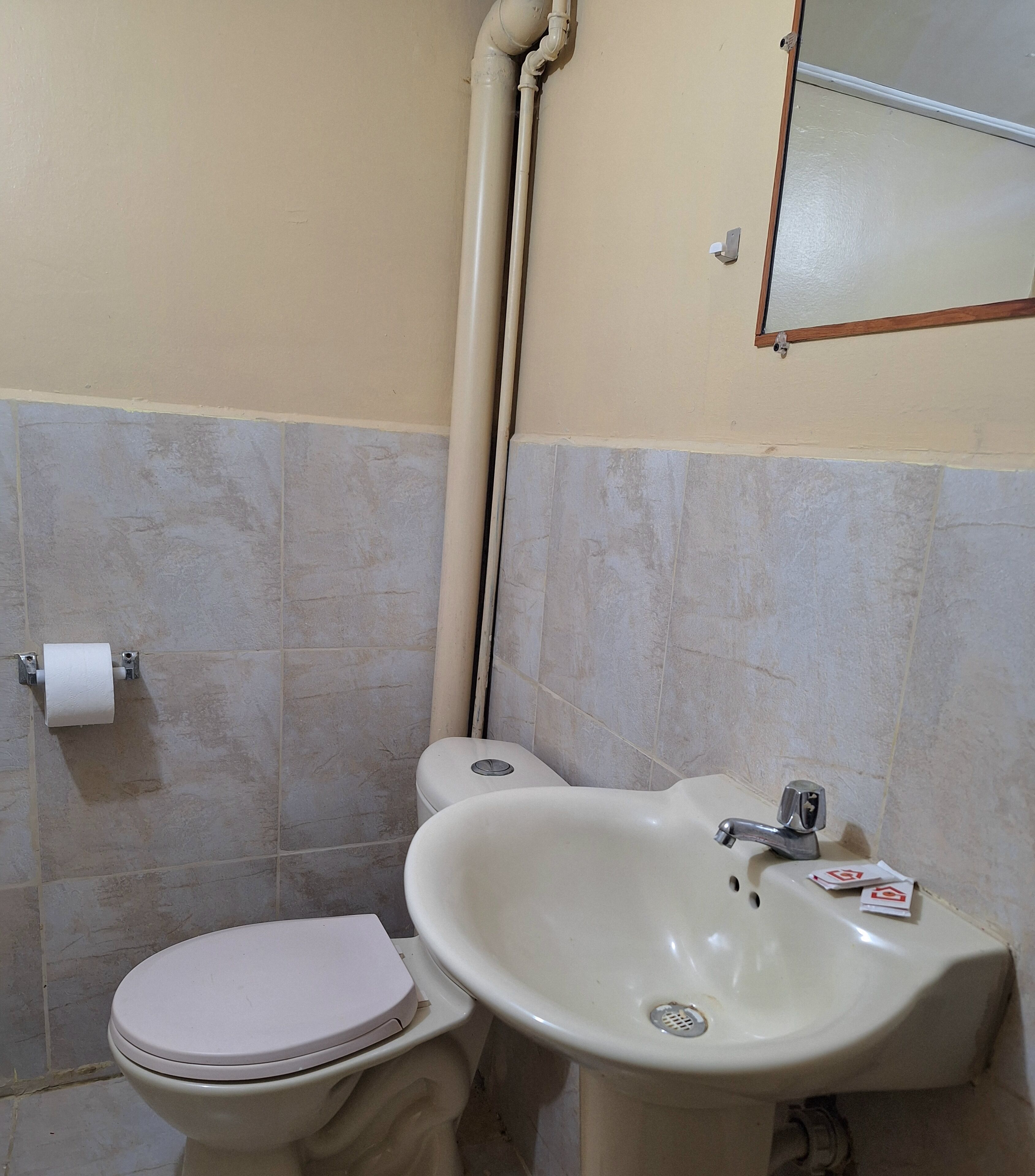 A small bathroom with a toilet, sink, and mirror.
